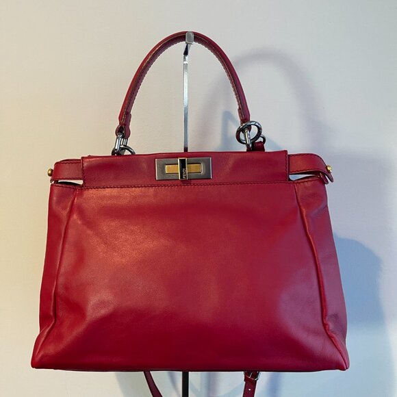 Fendi Calf Leather Suede Medium Peekaboo Iconic Satchel Rubino Peonia - Preowned - Picture 1 of 15